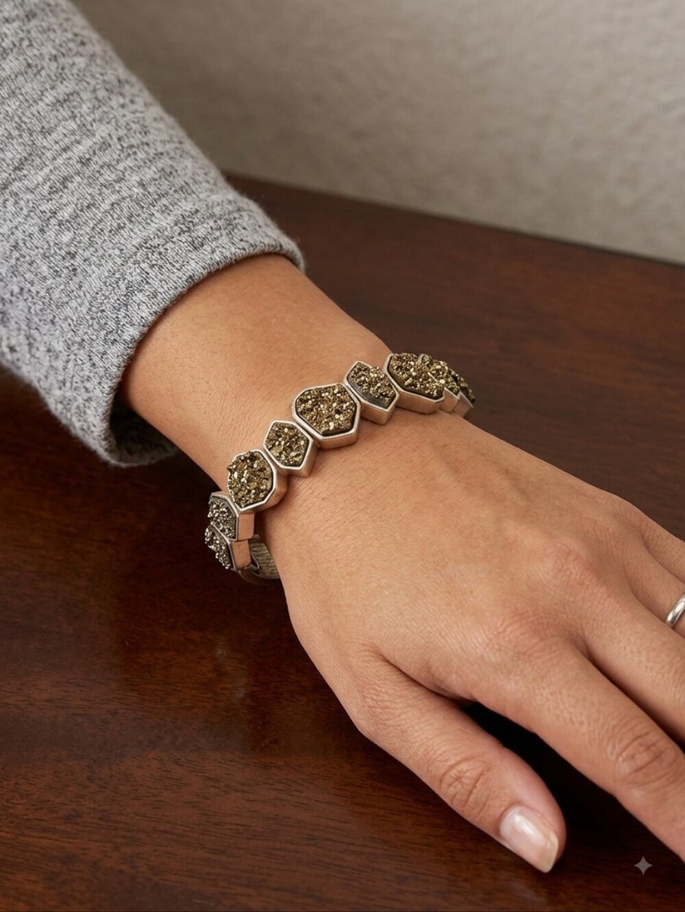 Hexagon Goldtone Druzy Stretch Bracelet - Women Jewelry